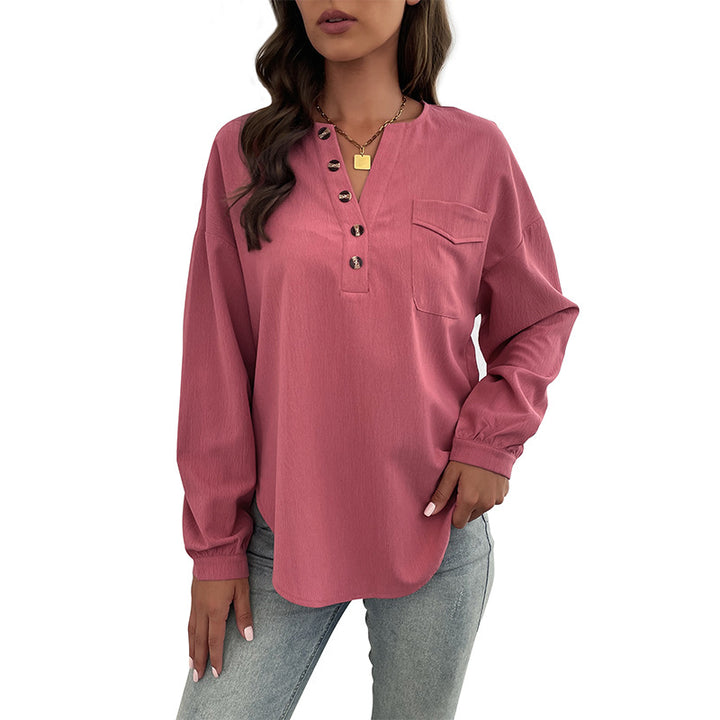 Damen Texturiertes Henley-Blusenshirt mit Knopfleiste und Brusttasche Echoarchiv