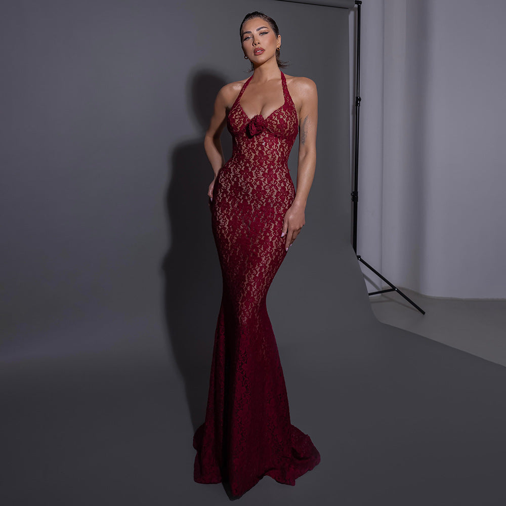 Damen Elegantes Spitzenkleid mit Langärmeln und Blumenapplikationen Echo Archiv