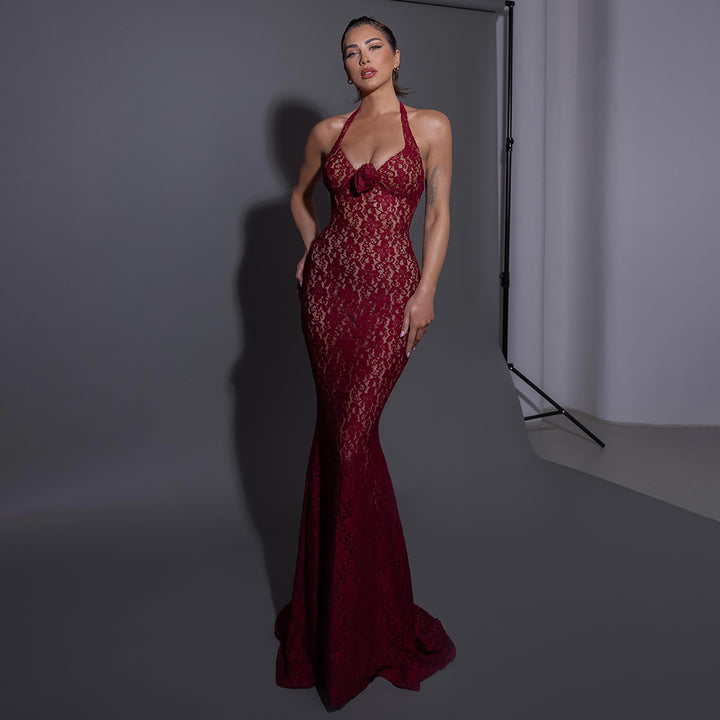Damen Elegantes Spitzenkleid mit Langärmeln und Blumenapplikationen Echo Archiv