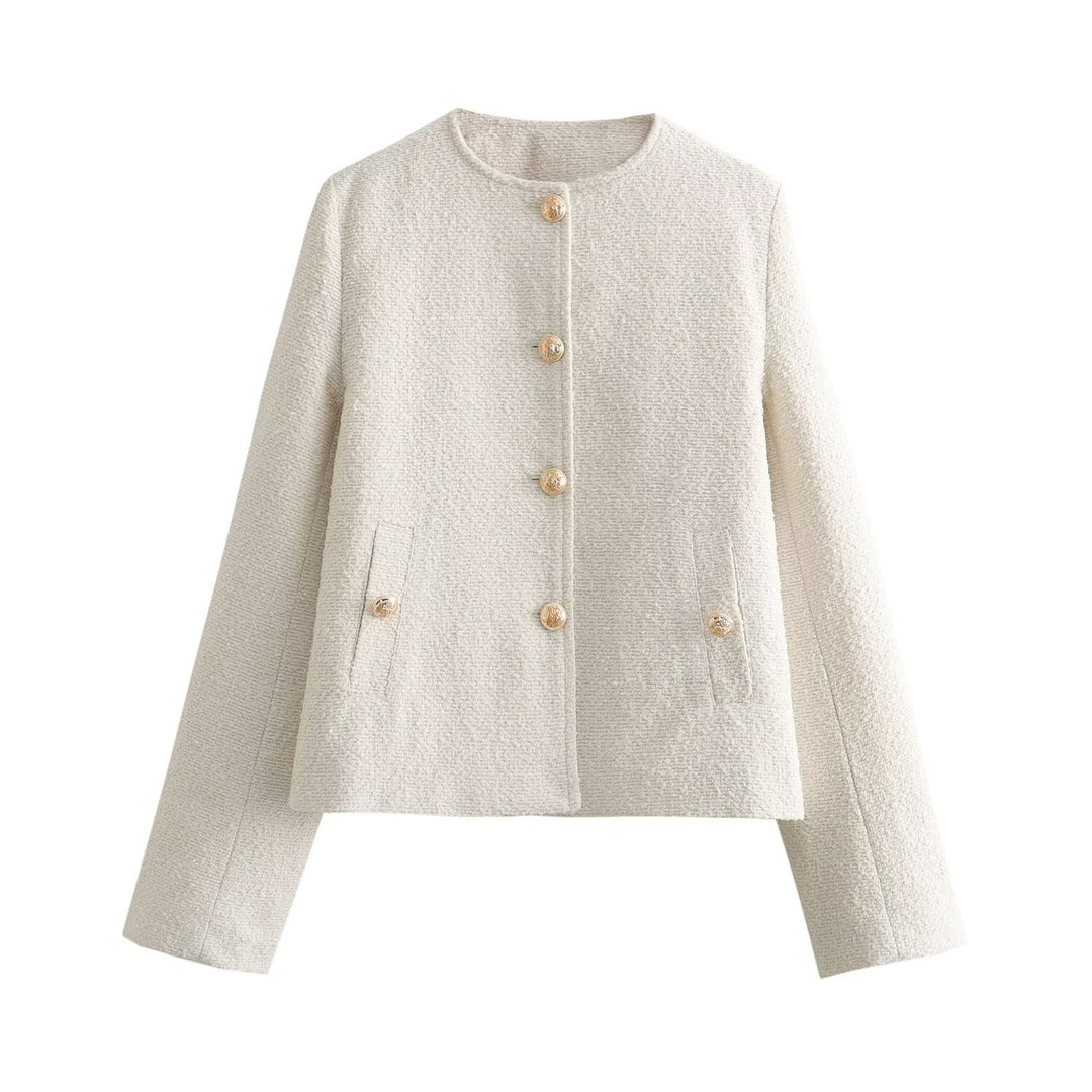 Damen Boxy-Boucléjacke mit Rundhalsausschnitt, Zierknopfleiste und Pattentaschen Echoarchiv