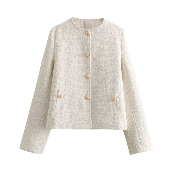 Damen Boxy-Boucléjacke mit Rundhalsausschnitt, Zierknopfleiste und Pattentaschen Echoarchiv