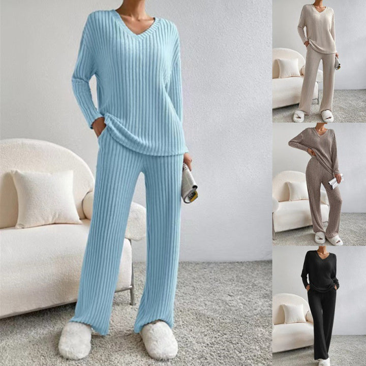 Damen Gemütliches Rippstrick-Loungewear-Set mit V-Ausschnitt und weitem Bein Echo Archiv