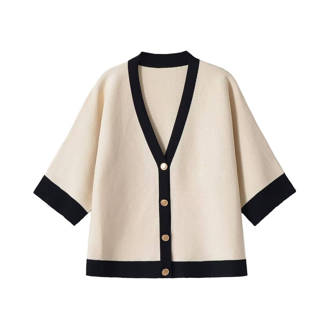Damen Kurzärmeliges Strickponcho-Cardigan mit Kontrastblende und dekorativen Goldknöpfen Echo Archiv