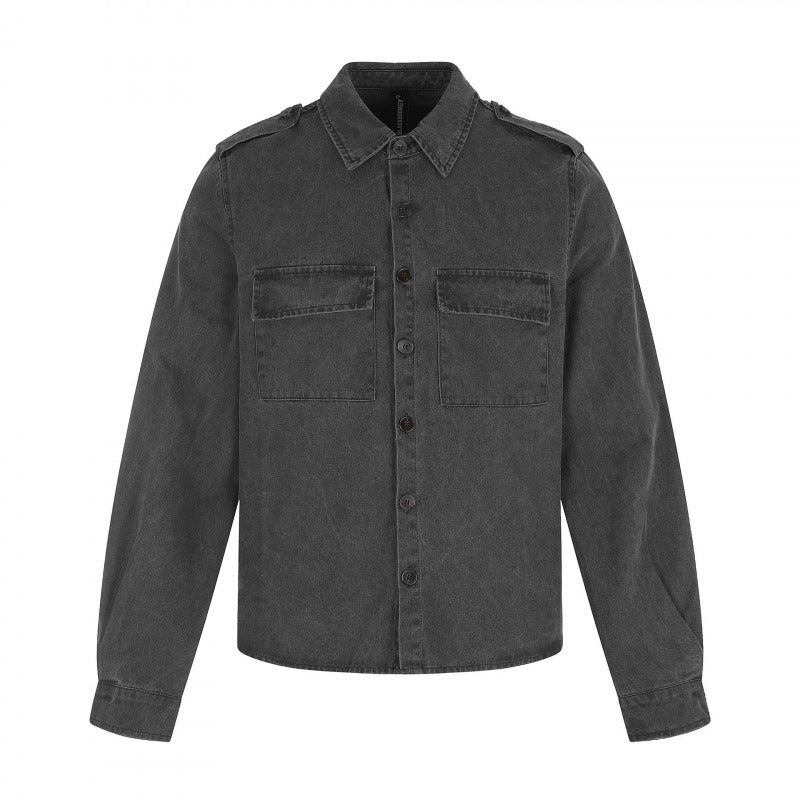Damen Kastenförmige Overshirt-Jacke aus Denim mit Schulterklappen und aufgesetzten Brusttaschen Echo Archiv