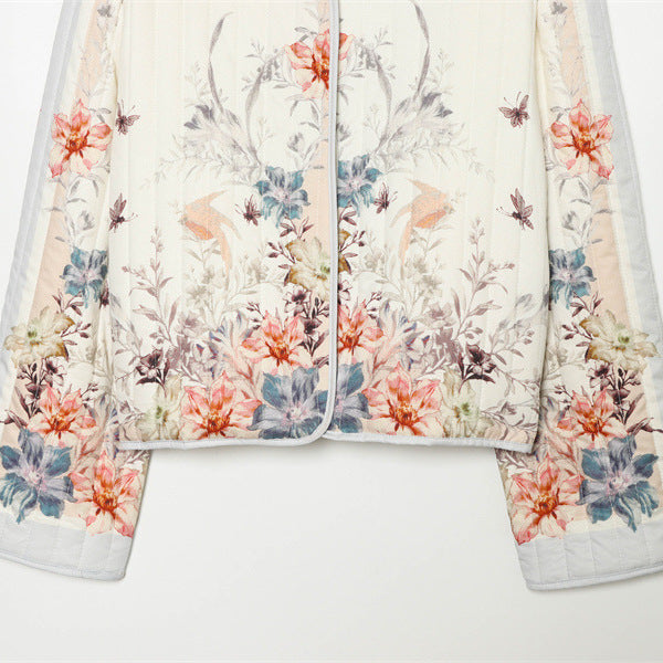 Damen gesteppte Blumen-Cardiganjacke mit Rundhals, leichter Wattierung und durchgehender Druckknopfleiste – Célinea