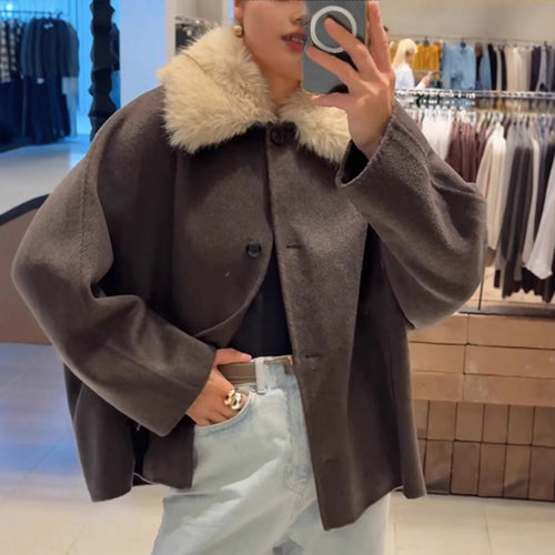 Damen Boxy-Cropped Wollmix-Jacke mit weichem Kunstpelz‑Schalkragen Echoarchiv