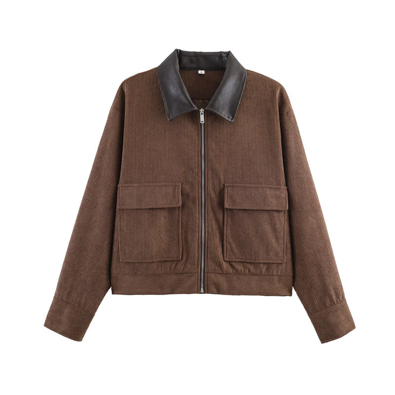 Damen Kordjacke mit Lederkragen, durchgehendem Reißverschluss und aufgesetzten Klappentaschen – Célinea