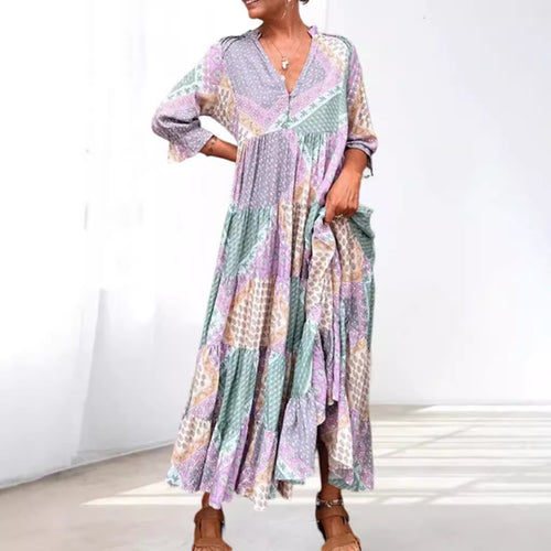Damen nan luftiges Maxikleid im Patchwork-Boho-Stil mit V-Ausschnitt, gerafftem Oberteil und ausgestelltem Stufensaum Echo Archiv