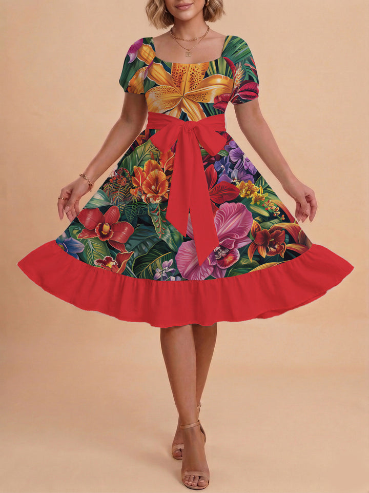 Damen Sommerkleid mit floralem Puffärmel und taillierbarem Gürtel Echo Archiv