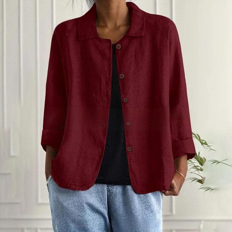 Damen Oversized Leinen-Hemdjacke mit Hemdkragen, 3/4-Ärmeln und durchgehender Knopfleiste Echo Archiv