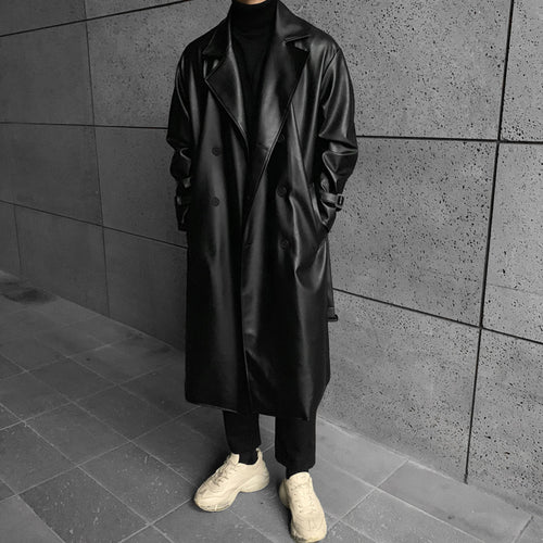 Herren modischer Longtrenchcoat aus hochwertigem Kunstleder mit elegantem Schnitt Echoarchiv