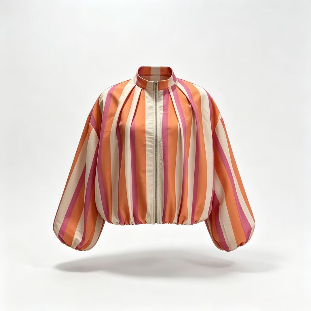 Damen Gestreifter Cropped Blouson mit Faltenansatz, Ballonärmeln und Stehkragen Echo Archiv