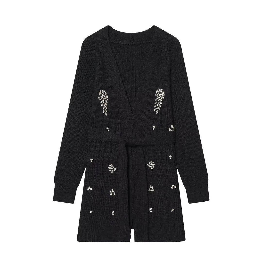 Damen Longcardigan mit Bindegürtel und Schmuckstein‑Applikation Echo Archiv