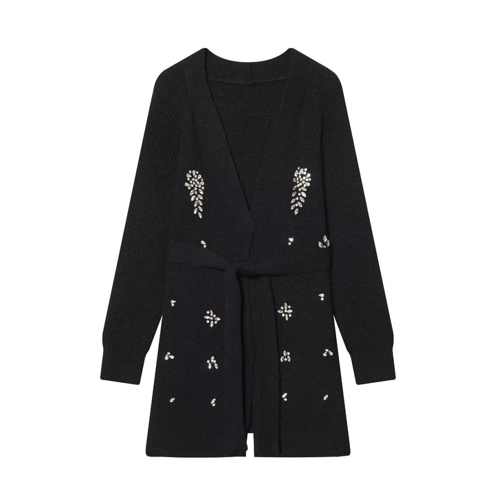 Damen Longcardigan mit Bindegürtel und Schmuckstein‑Applikation Echo Archiv