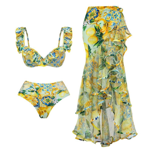 Damen Bikiniset mit elegantem Rüschendesign und maxi Rock Echo Archiv
