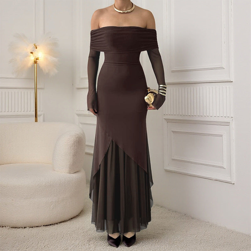Damen elegantes schulterfreies Maxikleid mit raffiniertem Rüschenoberteil und asymmetrischem Saum Echo Archiv