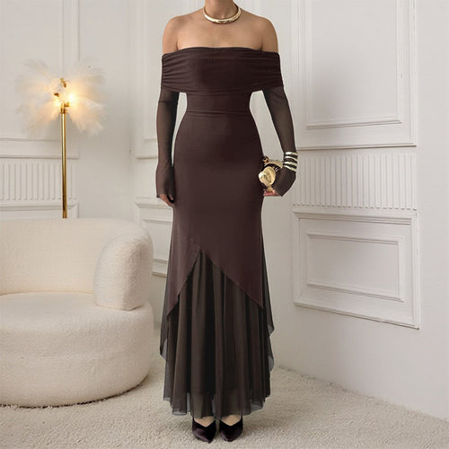 Damen elegantes schulterfreies Maxikleid mit raffiniertem Rüschenoberteil und asymmetrischem Saum Echo Archiv