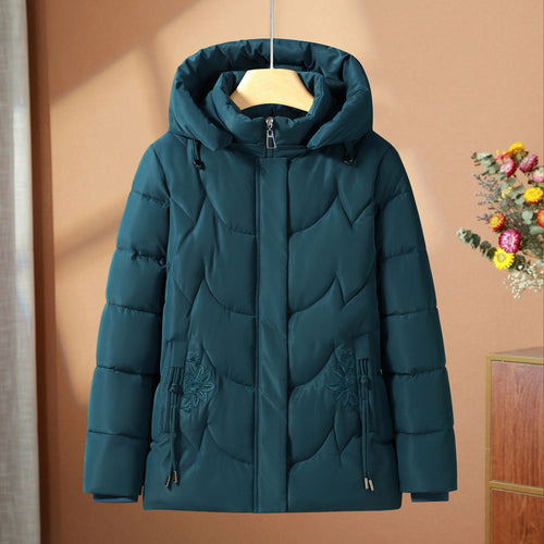 Damen gesteppte Thermo-Outdoorjacke mit ergonomischer Kapuze und floraler Taschenstickerei – Avérine