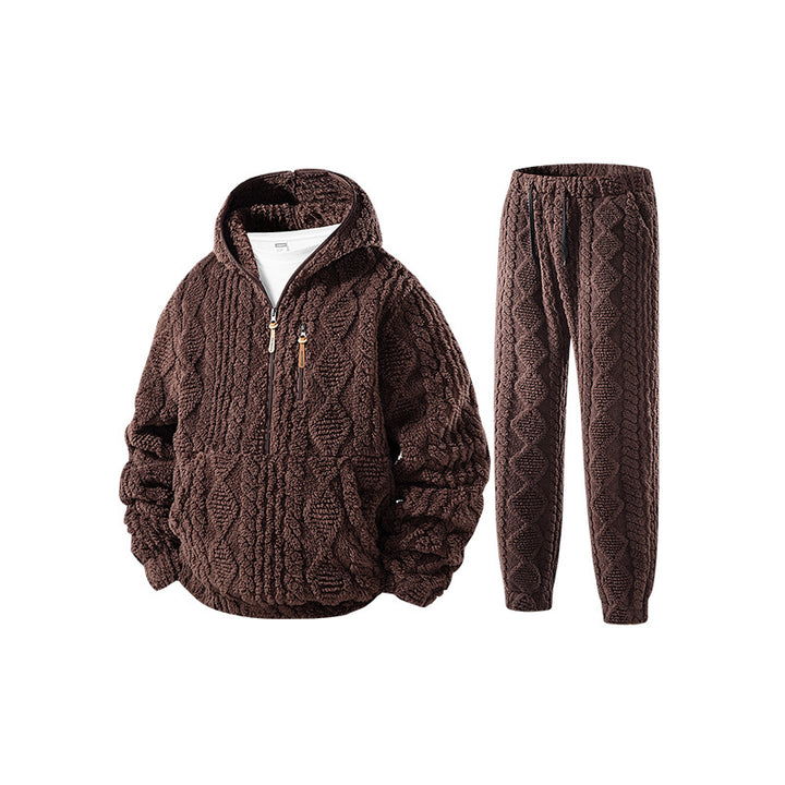 Damen Kuschel-Set aus Kapuzen-Halbzip-Pullover und Jogginghose in Kabelstrick-Fleece Echo Archiv