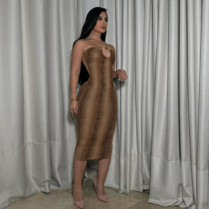 Damen Midikleid mit raffiniertem Schlangenprint und schulterfreiem Design Echo Archiv