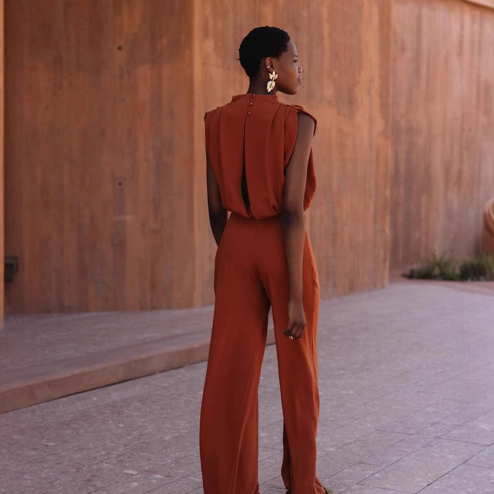 Damen Eleganter Jumpsuit mit hochgeschlossenem Kragen und weiten Beinen Echo Archiv