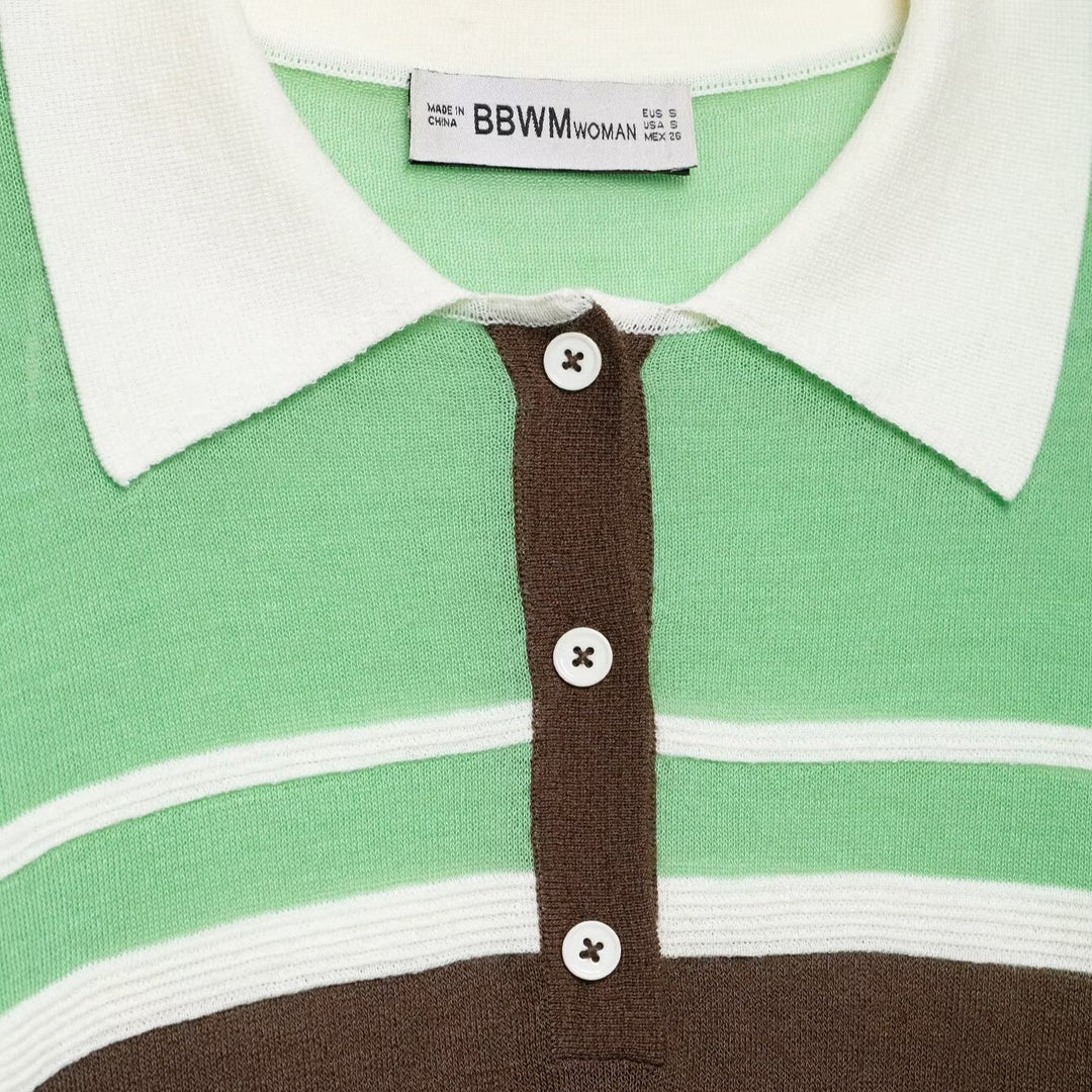 Damen Gestreifter Cropped‑Polo‑Pullover mit Knopfleiste und Rippbündchen Echoarchiv