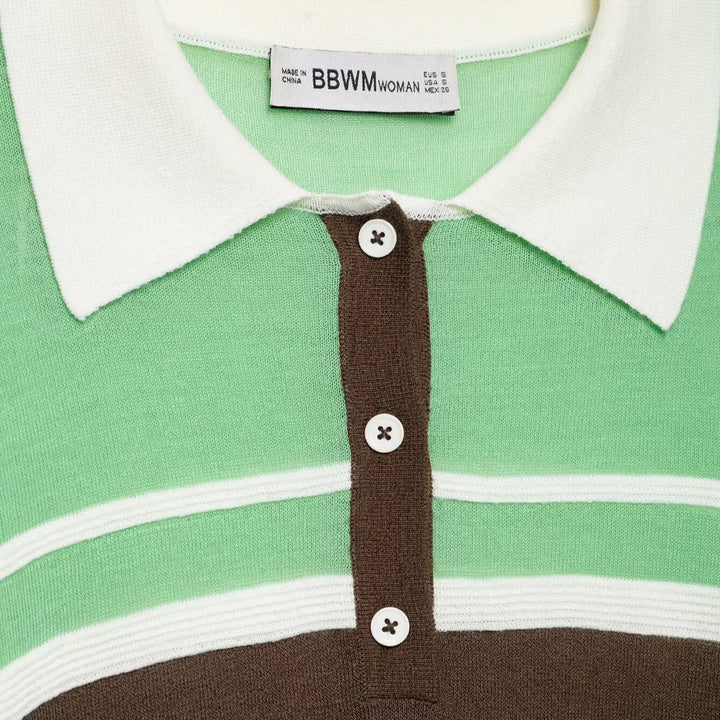 Damen Gestreifter Cropped‑Polo‑Pullover mit Knopfleiste und Rippbündchen Echoarchiv
