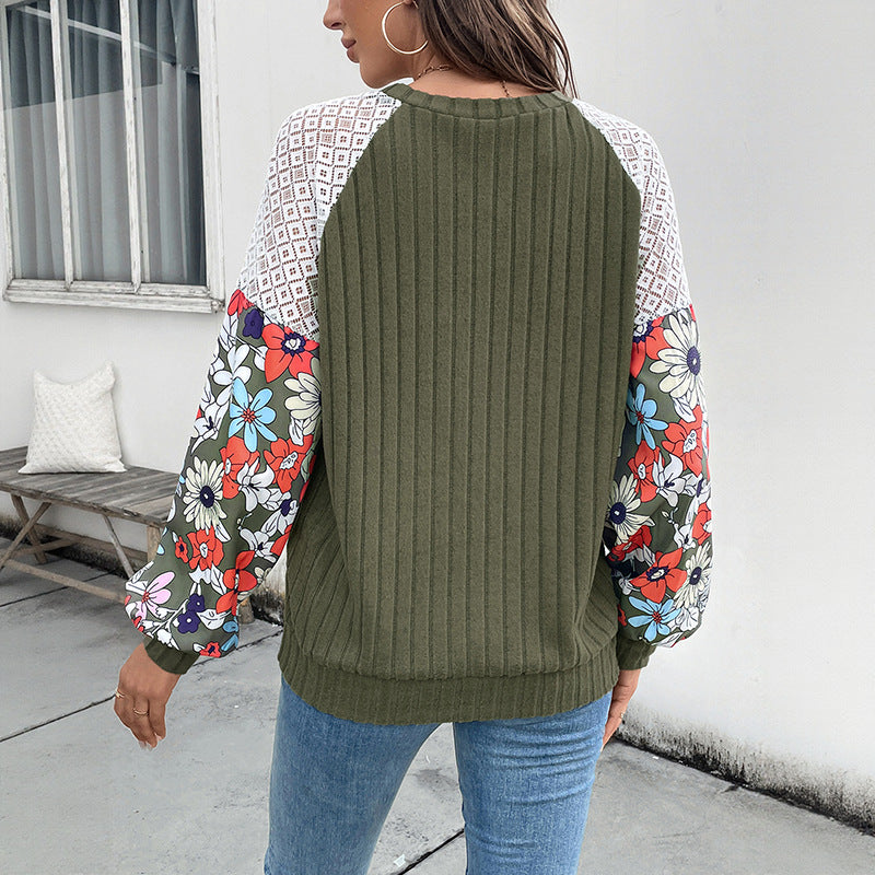 Damen Gerippter Strickpullover mit Häkel-Schulter & gEchoarchivlümten Ballonärmeln Echoarchiv