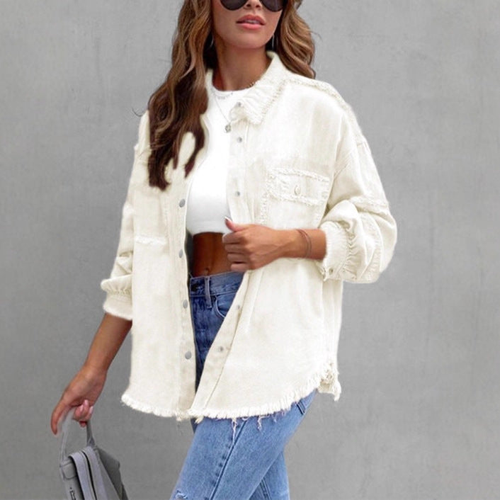 Damen Lässige Denim-Überwurfjacke im Hemdstil mit Raw-Edge und Druckknopfleiste Echo Archiv