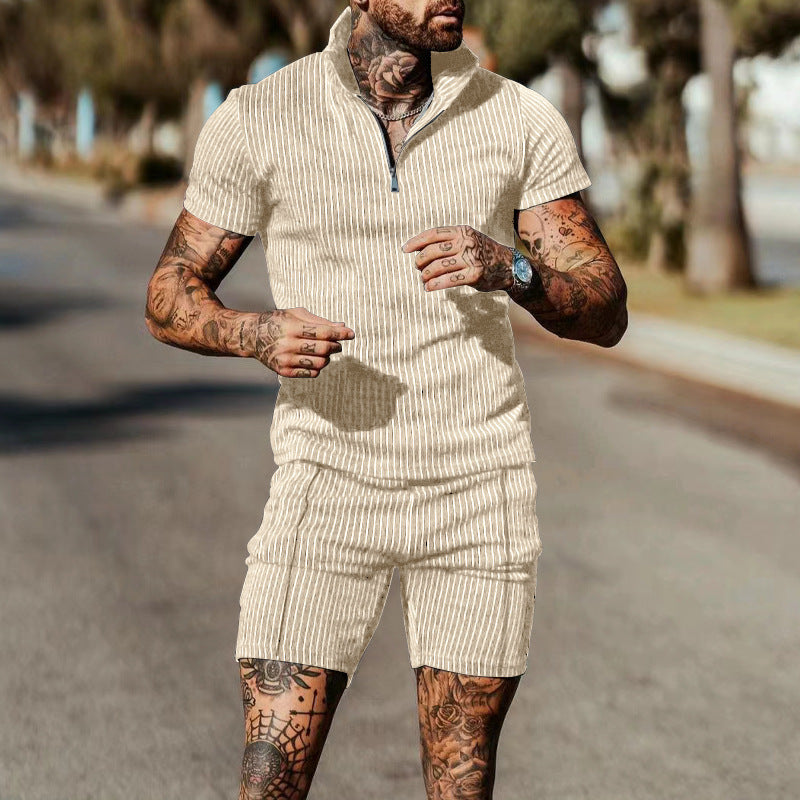 Herren Kurzarm-Jumpsuit mit modernem Reißverschluss und gestreiftem Design Echoarchiv
