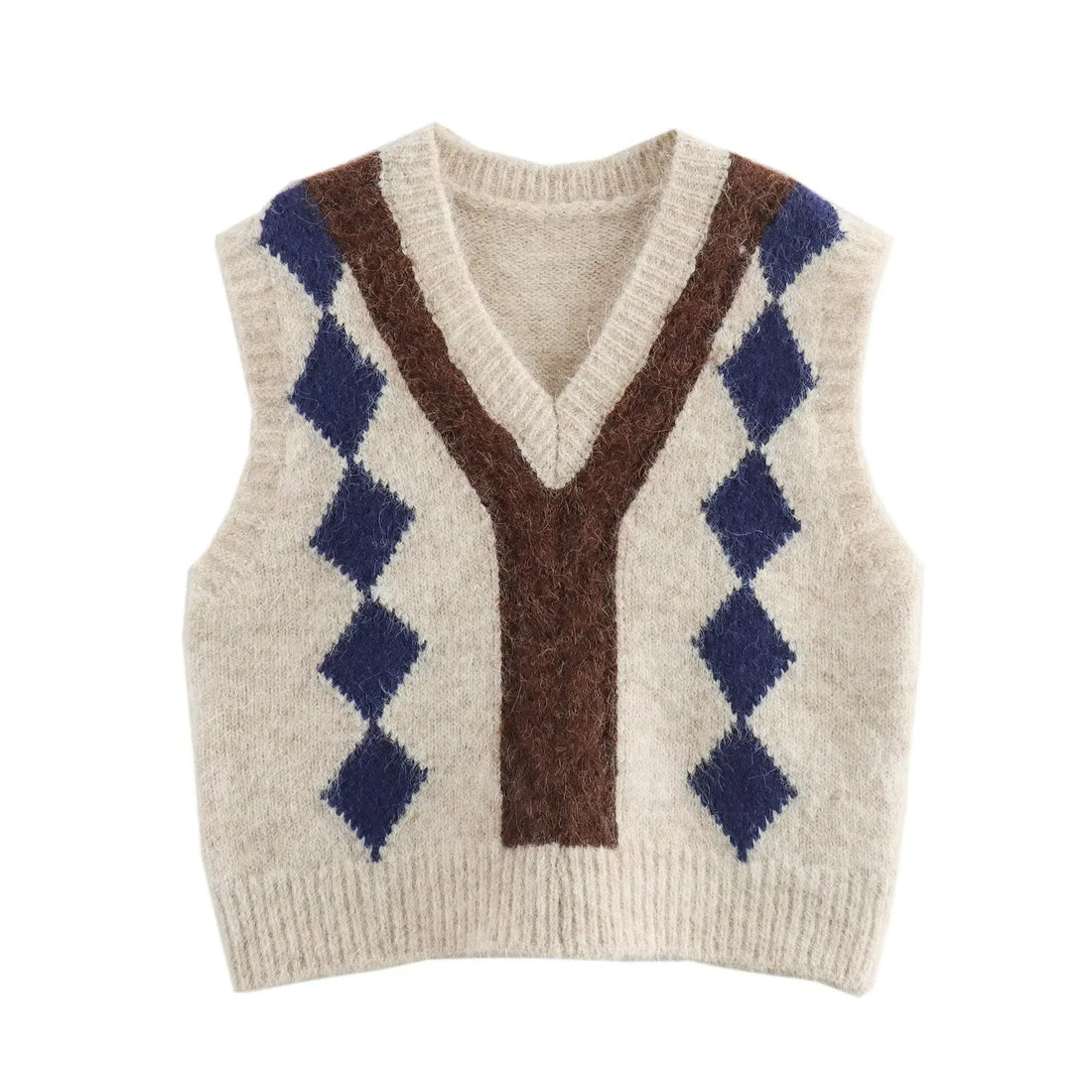 Damen Argyle-Strickweste mit V-Ausschnitt und flauschiger Mohair-Optik Echoarchiv