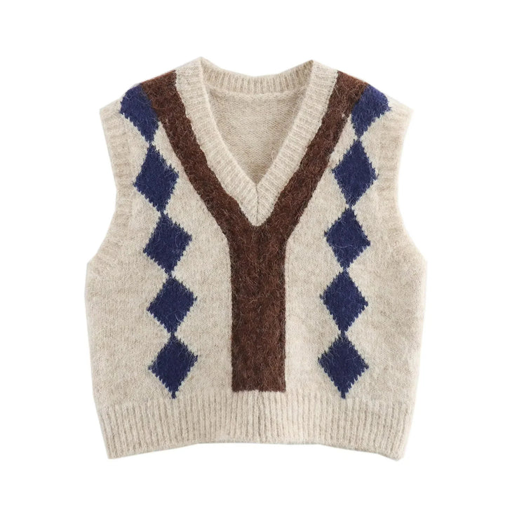 Damen Argyle-Strickweste mit V-Ausschnitt und flauschiger Mohair-Optik Echoarchiv