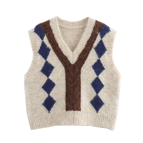 Damen Argyle-Strickweste mit V-Ausschnitt und flauschiger Mohair-Optik Echoarchiv