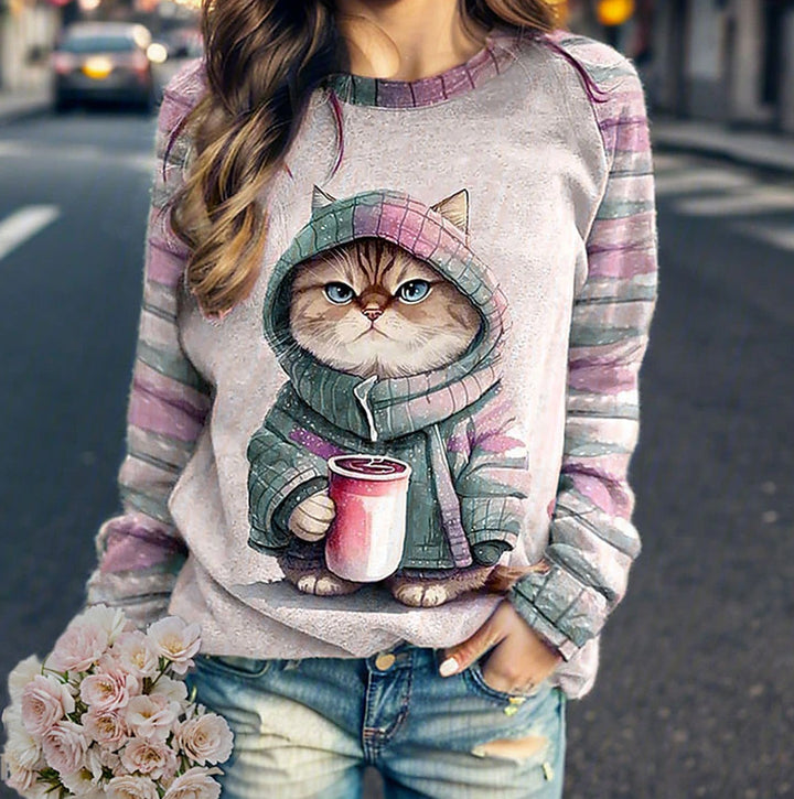 Damen nan lässiges Sweatshirt mit großem Kätzchen-Frontprint und gestreiften Raglanärmeln Echo Archiv