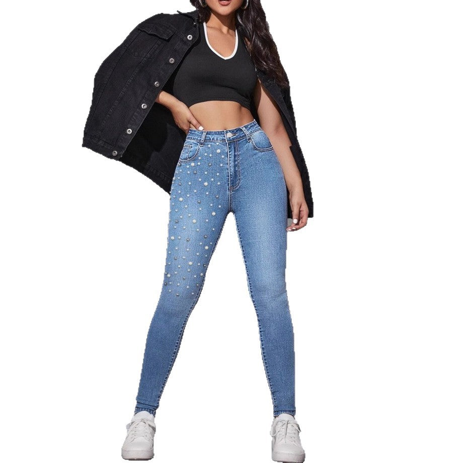 Damen Hochgeschnittene Sculpting-Skinny-Jeans mit asymmetrischem Perlenmuster Echo Archiv