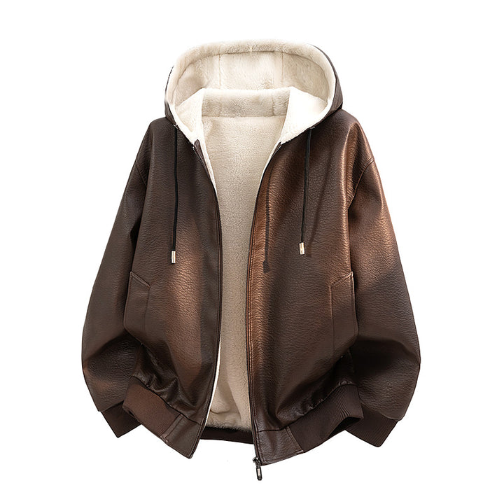 Herren Kapuzenjacke aus Leder mit Teddyfutter Echo Archiv