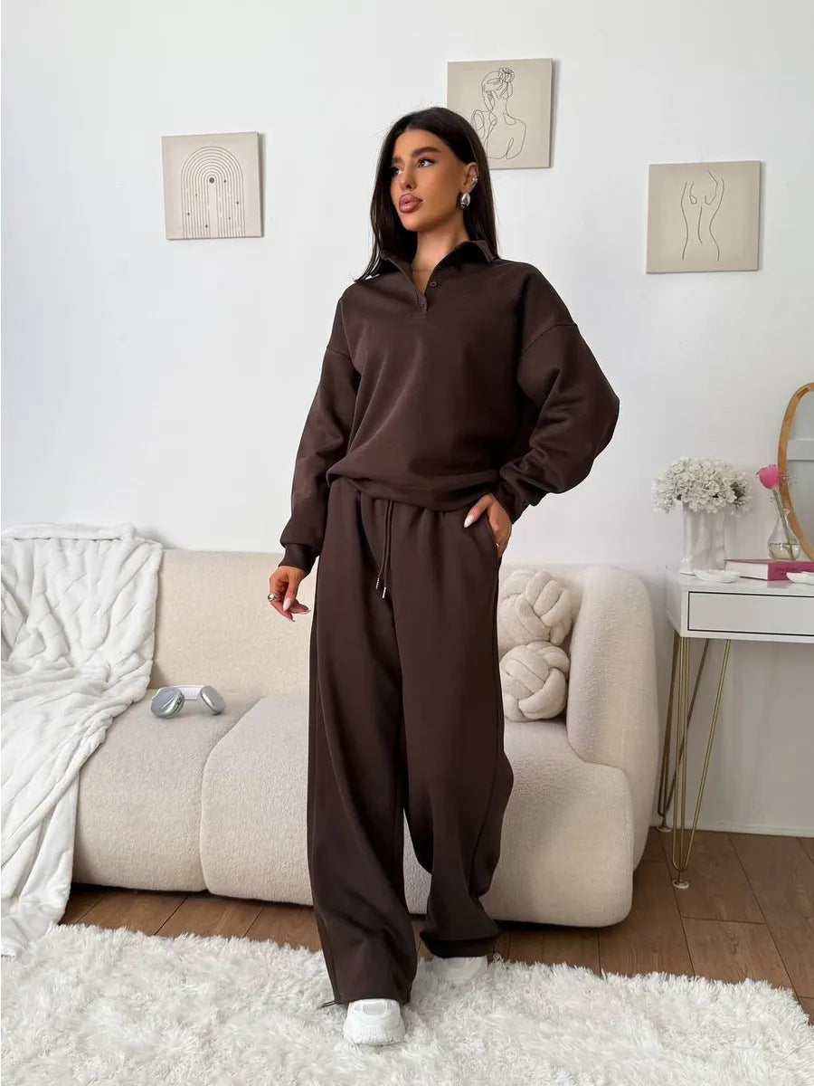 Damen weites Polo-Lounge-Set mit elastischem Tunnelzugbund und Wide‑Leg-Jogginghose – Avérine