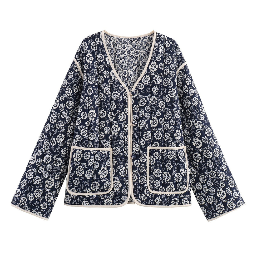 Damen gesteppte Jacke mit floralem Allover, V-Ausschnitt, Kontrastpaspel und aufgesetzten Taschen Echo Archiv