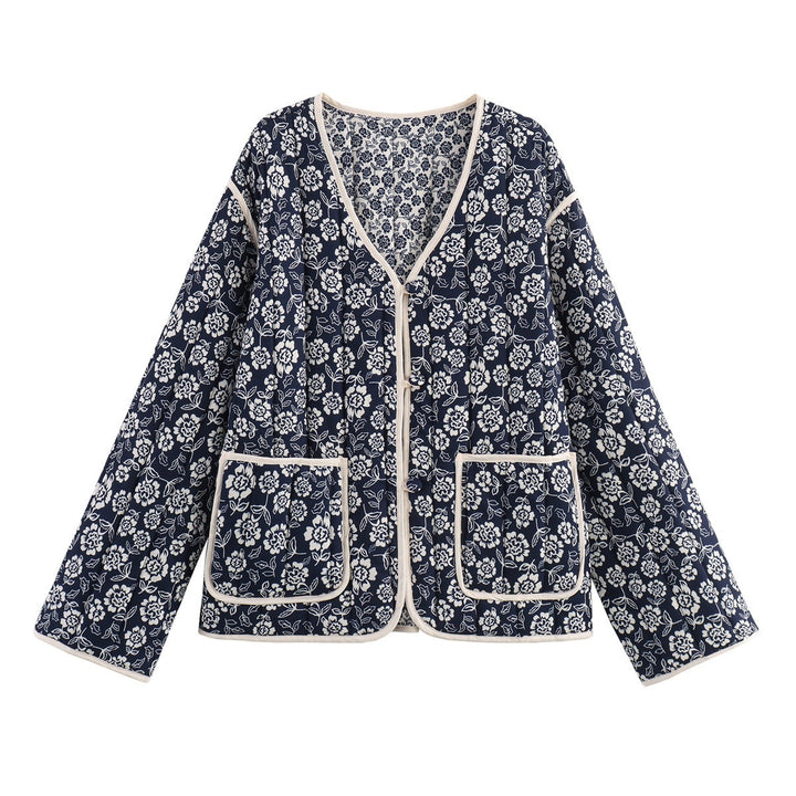 Damen gesteppte Jacke mit floralem Allover, V-Ausschnitt, Kontrastpaspel und aufgesetzten Taschen Echo Archiv