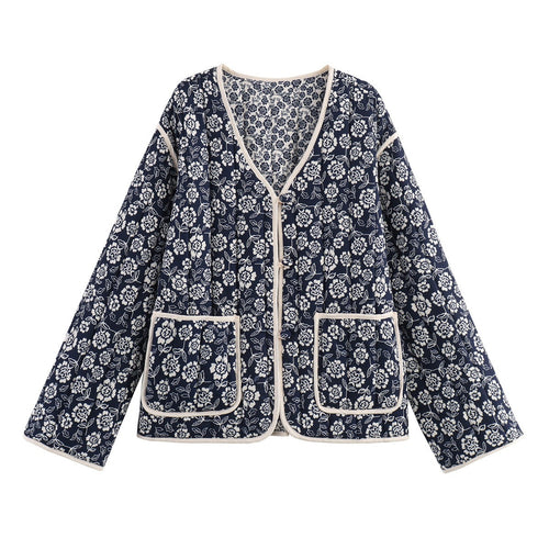Damen gesteppte Jacke mit floralem Allover, V-Ausschnitt, Kontrastpaspel und aufgesetzten Taschen Echo Archiv