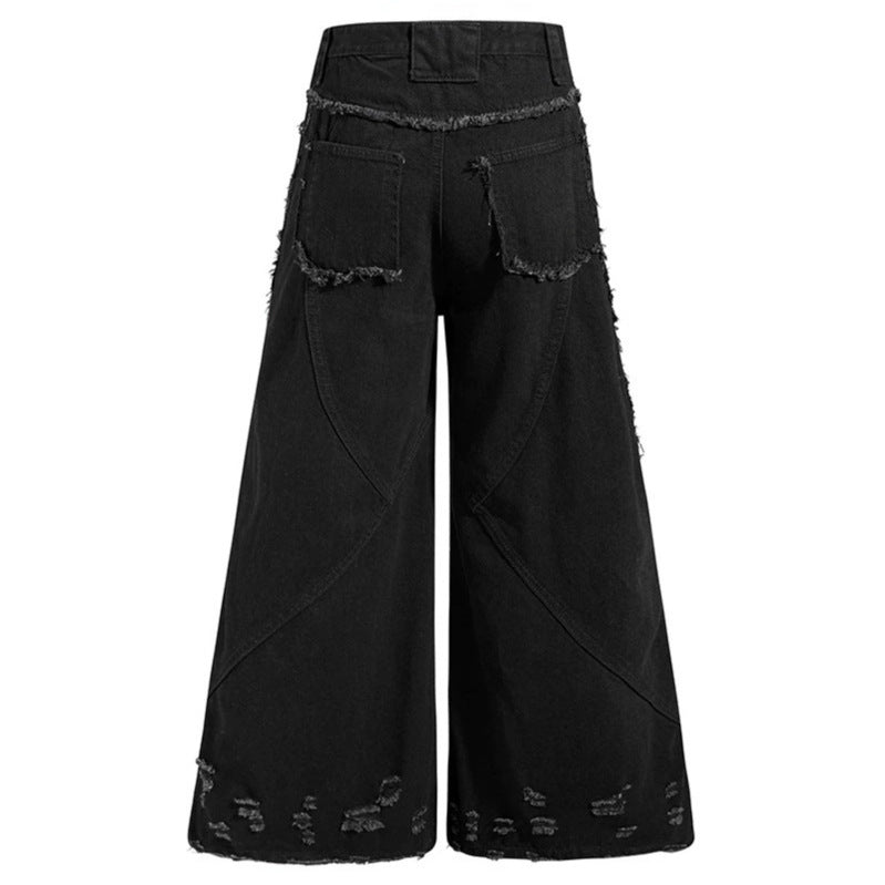 Damen weite Denim-Culotte mit Fransen-Details und Zipper-Akzenten Echoarchiv