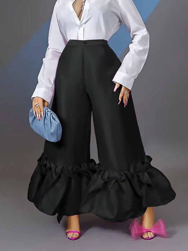 Damen Weite Satinhose mit Rüschenabschluss Echo Archiv