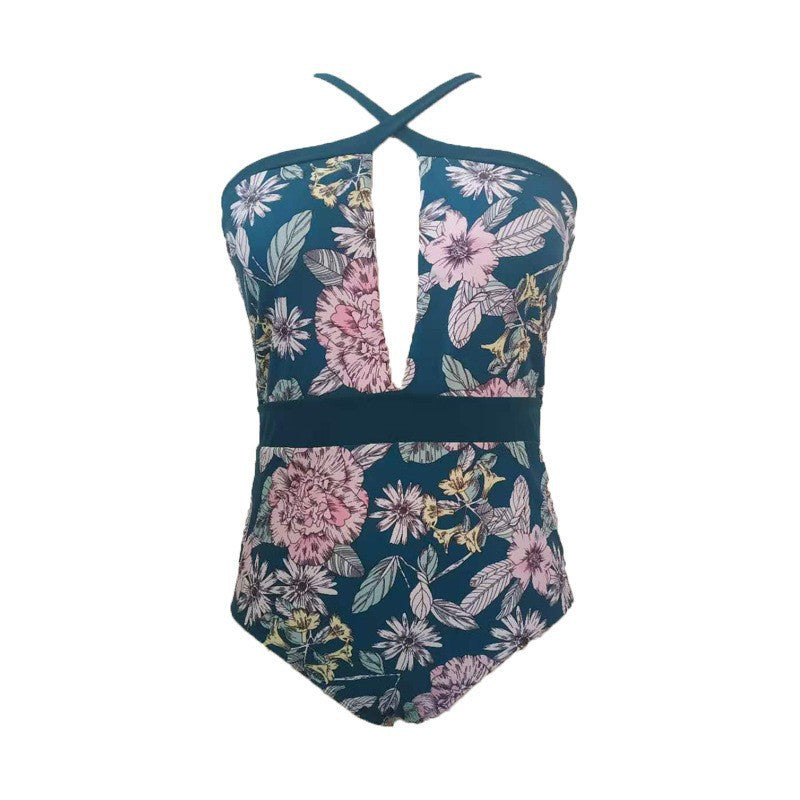 Damen Sportlicher Badeanzug mit tiefem V-Ausschnitt und floralem Design Echo Archiv