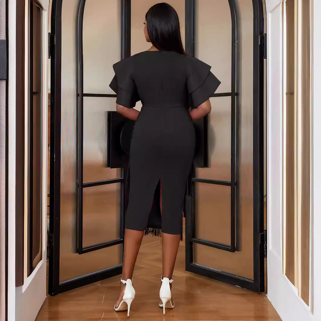Damen Cocktailkleid mit voluminösen Rüschenärmeln und Fransen-Saum Echo Archiv