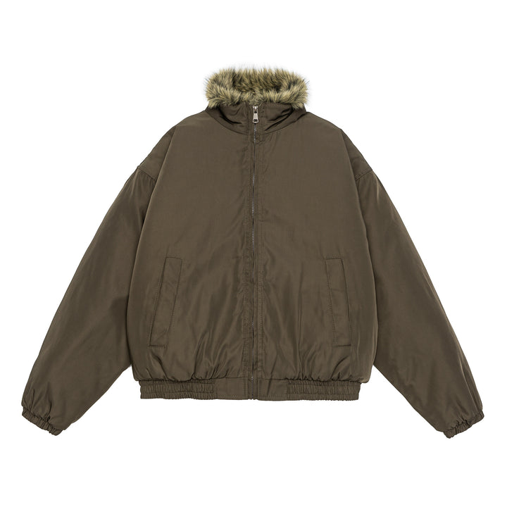 Damen Oversize wattierte Bomberjacke mit elastischem Saum und Kunstfellbesatz Echoarchiv