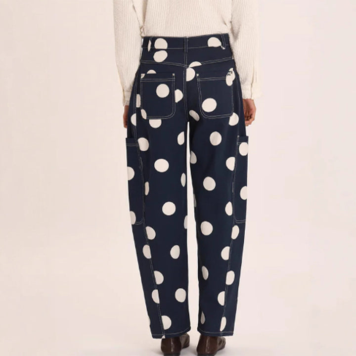 Damen weite Cargo-Hose mit hoher Taille, Punkteprint und sichtbaren Kontrastnähten Echoarchiv