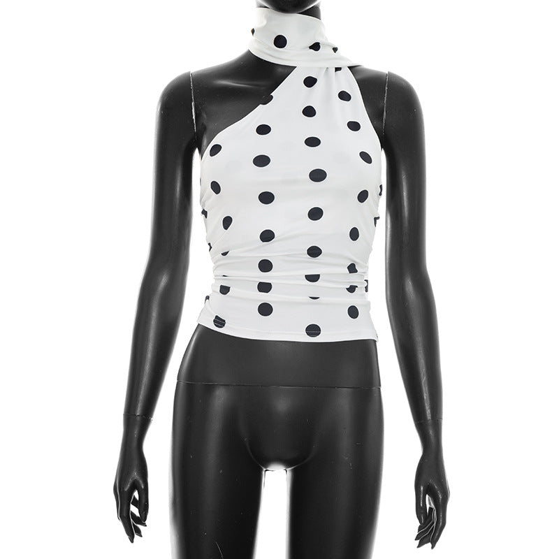 Damen asymmetrisches Oberteil mit verspieltem Punktmuster und elegantem Knoten Echo Archiv