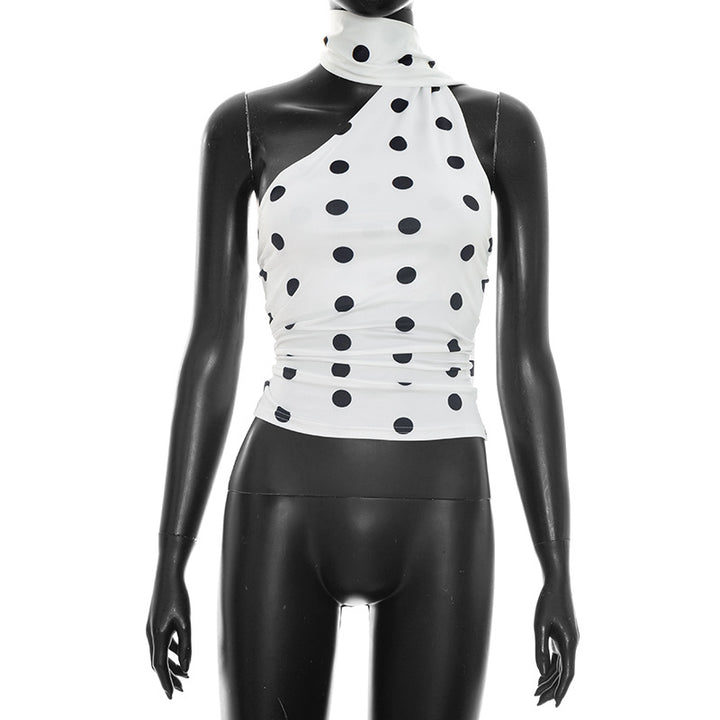 Damen asymmetrisches Oberteil mit verspieltem Punktmuster und elegantem Knoten Echo Archiv