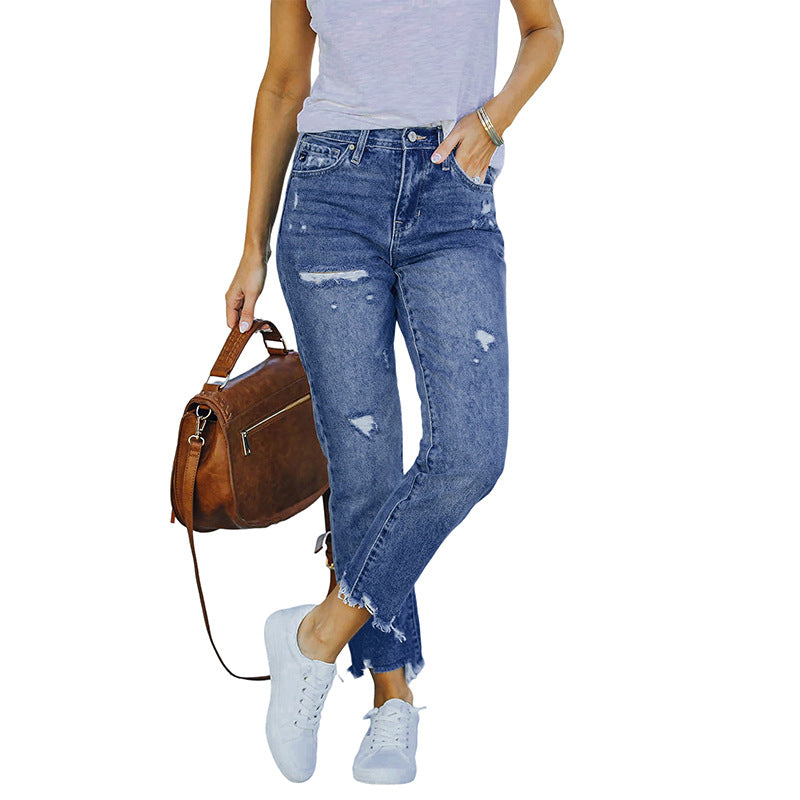 Damen High-Waist Jeans mit geradem Bein, Destroyed-Optik und rohem Saum Echo Archiv