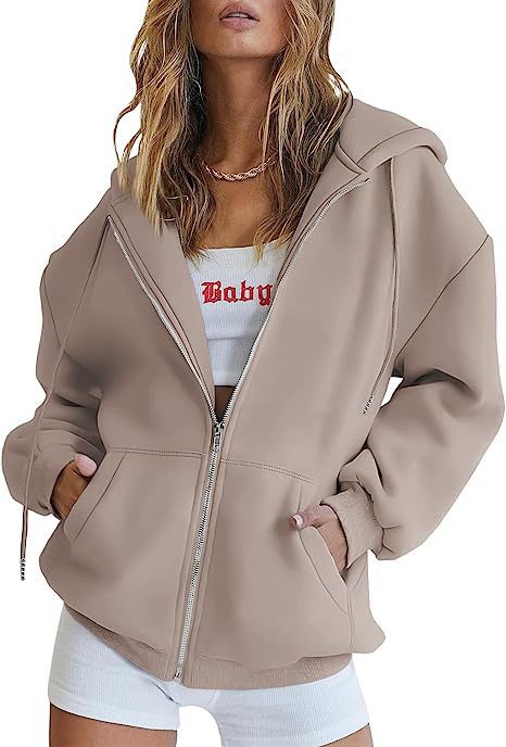 Damen oversized Kapuzenjacke mit durchgehendem Reißverschluss Kängurutaschen und weichem Sweatmaterial – Auréline